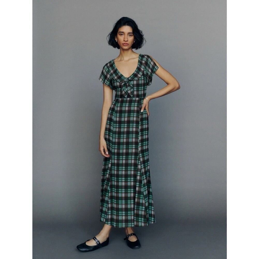 NWT Reformation Talleen Brown Green Plaid Check Bow Midi Dress in Moreno sz 6